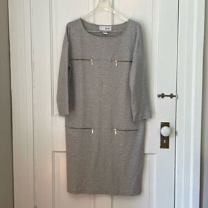 Joan Vass gray soft knit midi shift dress 3/4 sleeves zipper detail size 10-12